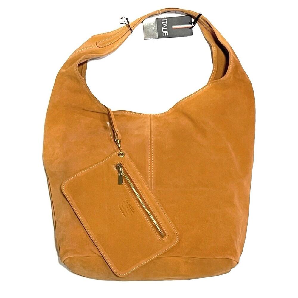 Claudia Firenze Suede Hobo Shoulder Bag Orange NWT Italy Zippered Pouch Dolores